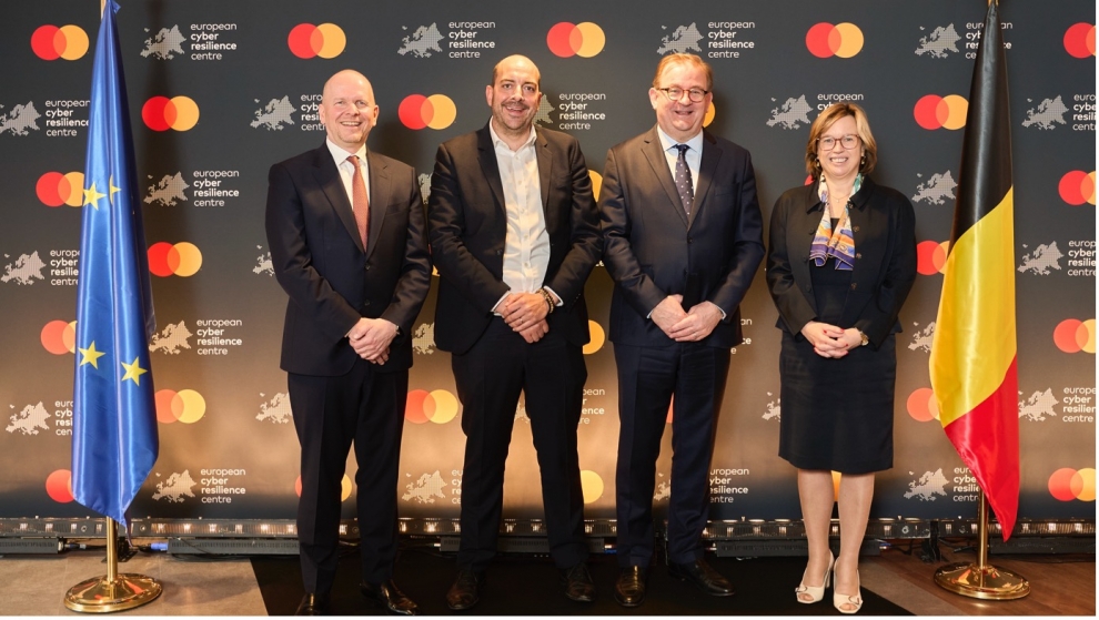 (Von links nach rechts) Michael Miebach, Chief Executive Officer, Mastercard, Mathieu Michel, belgischer Staatssekretär für Digitalisierung, Mark Barnett, Präsident, Mastercard Europe, Catherine De Bolle, Exekutivdirektorin, Europol. Foto: Nicolas Peeters.